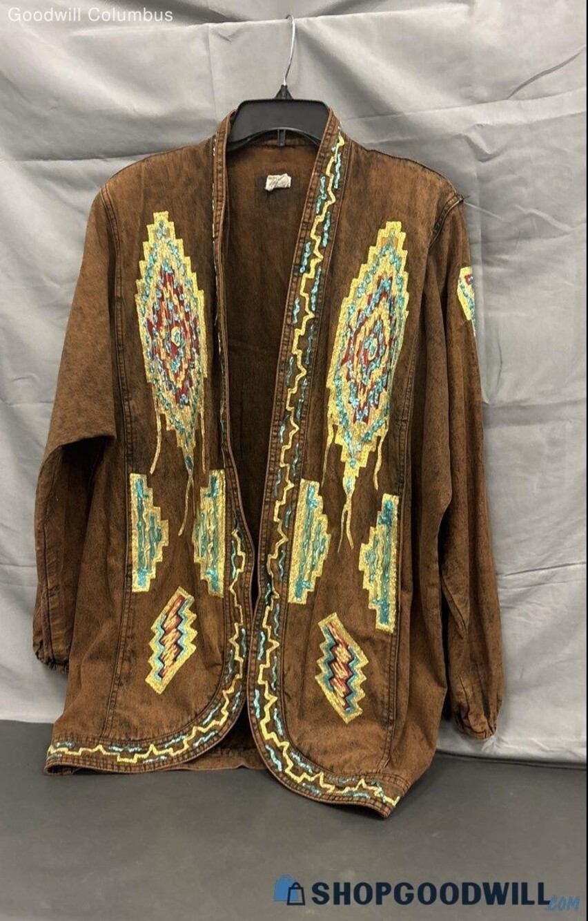 VTG 80s Sundance Style Denim Jacket Brown Southwestern Aztec Puff Paint Open